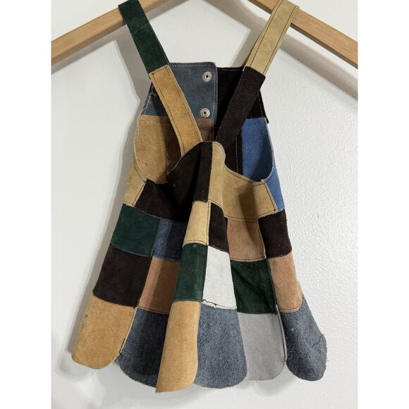 Vintage Newman Marcus Girls Leather Patchwork Pinafore Jumper Suede Dress 12-24M - Picture 2 of 3